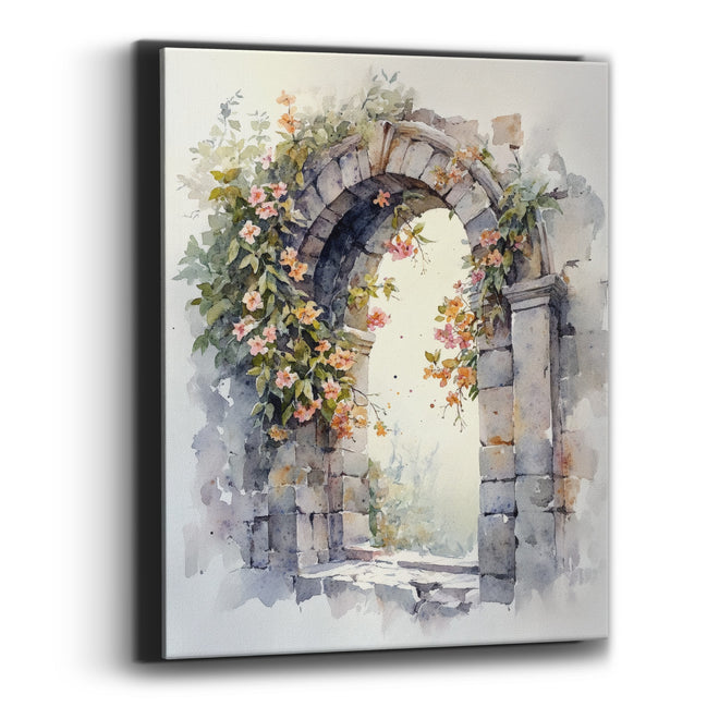 Flowering Stone Archway Watercolor Style Canvas Wall Art