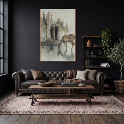 Spotted Deer Ruins Watercolor Ink wall art in a moody dark academia room – spotted deer drinking from a still pool