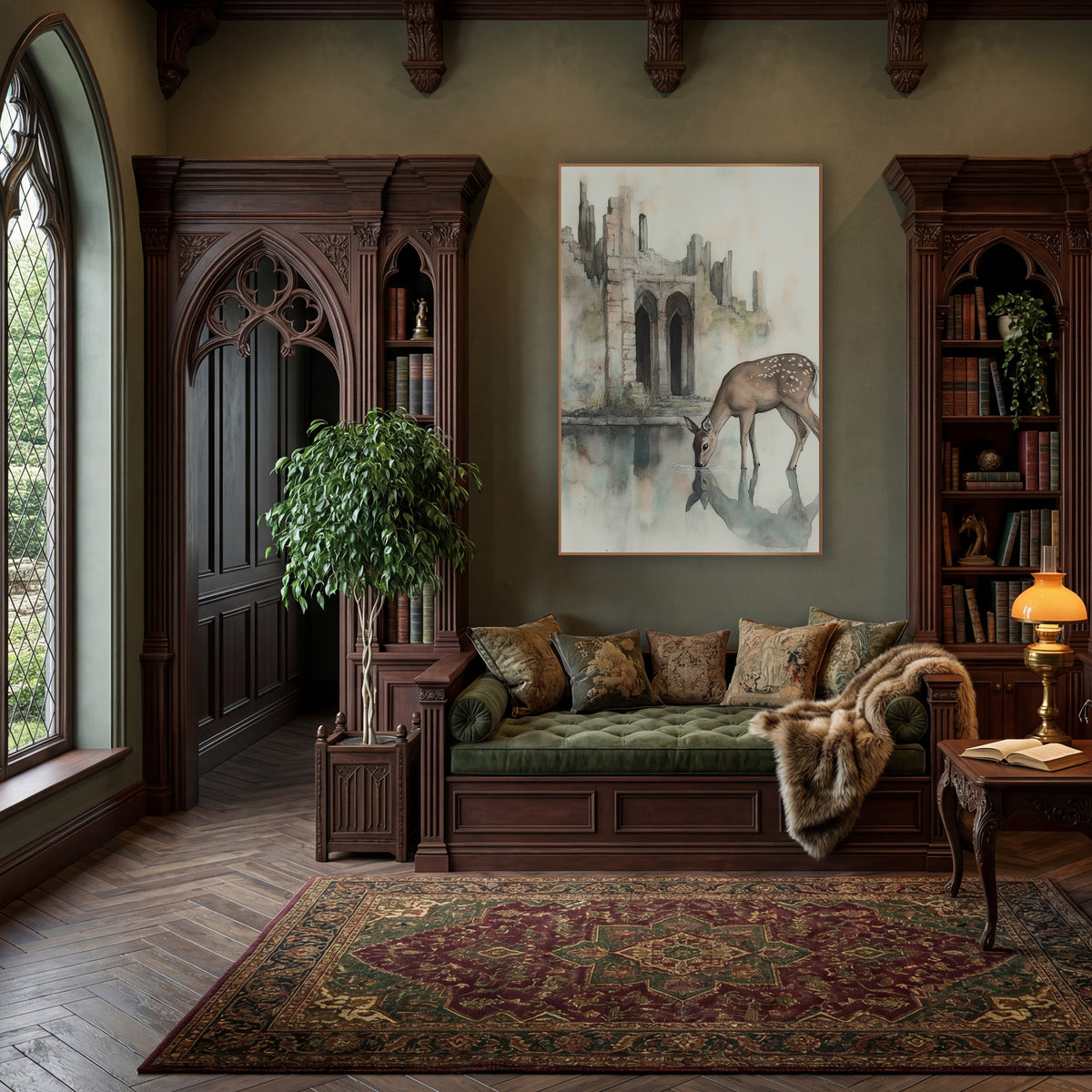 Spotted Deer Ruins Watercolor Ink wall art in a moody dark academia room – spotted deer drinking from a still pool