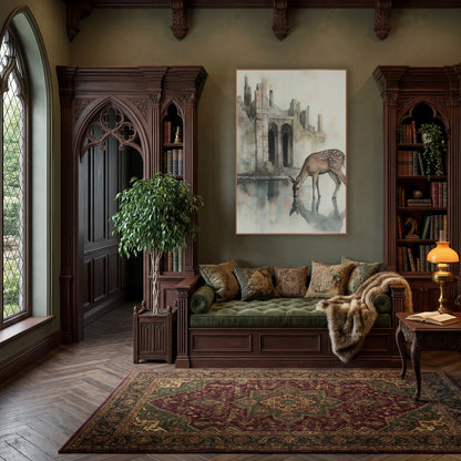 Spotted Deer Ruins Watercolor Ink wall art in a moody dark academia room – spotted deer drinking from a still pool