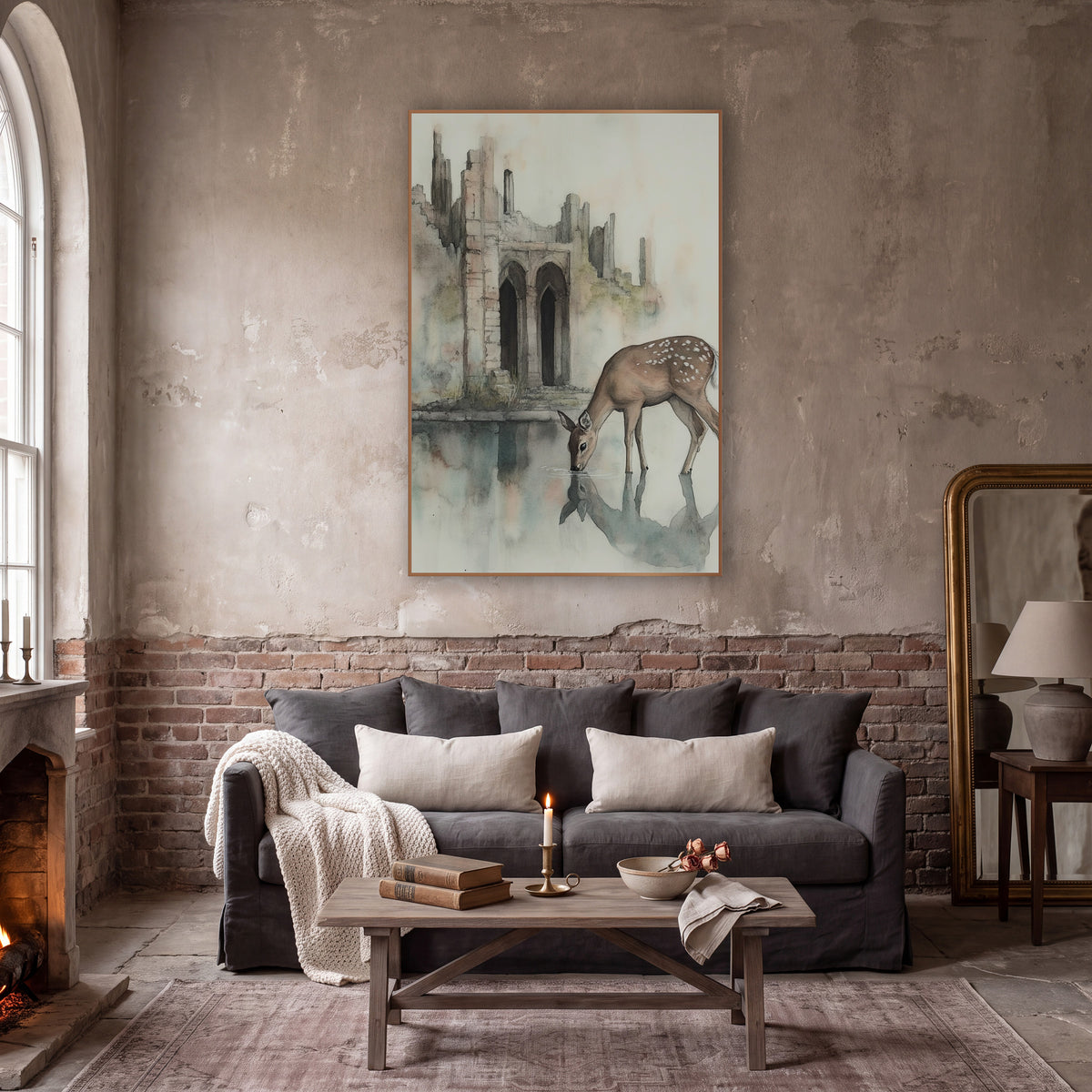 Spotted Deer Ruins Watercolor Ink wall art in a moody dark academia room – spotted deer drinking from a still pool