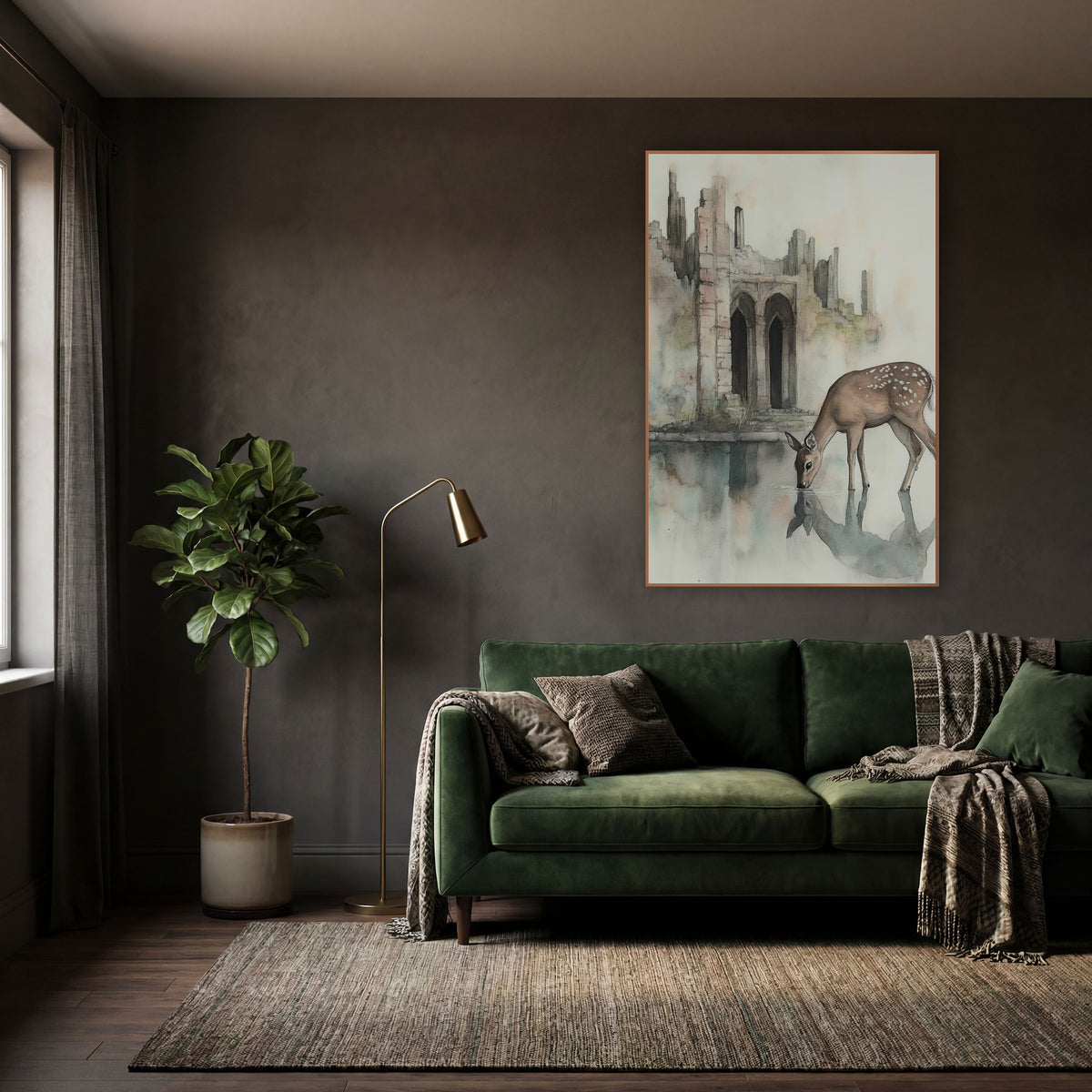 Spotted Deer Ruins Watercolor Ink wall art in a moody dark academia room – spotted deer drinking from a still pool