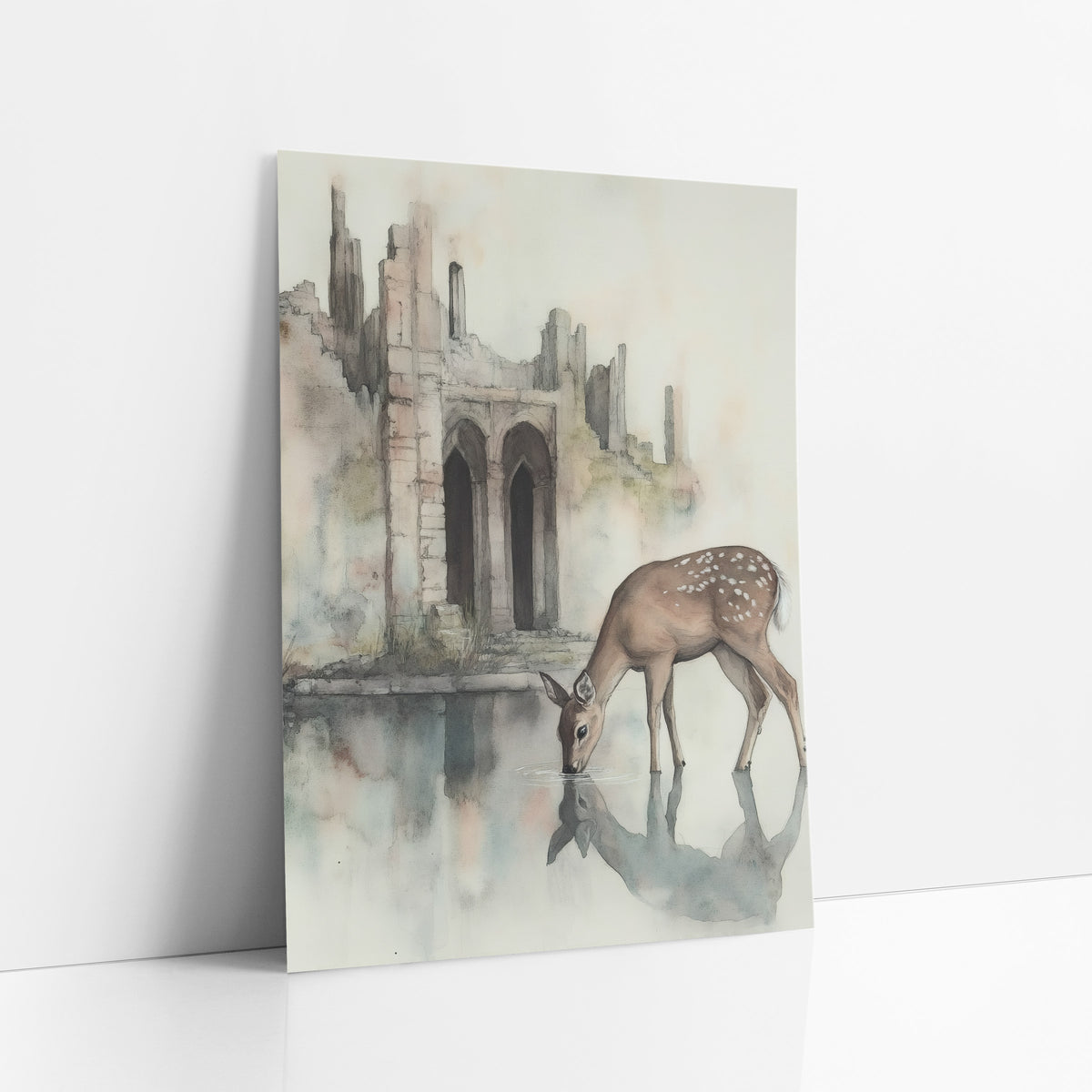 Spotted Deer Ruins Watercolor Ink art print leaning against a white wall – spotted deer drinking from a still pool in front