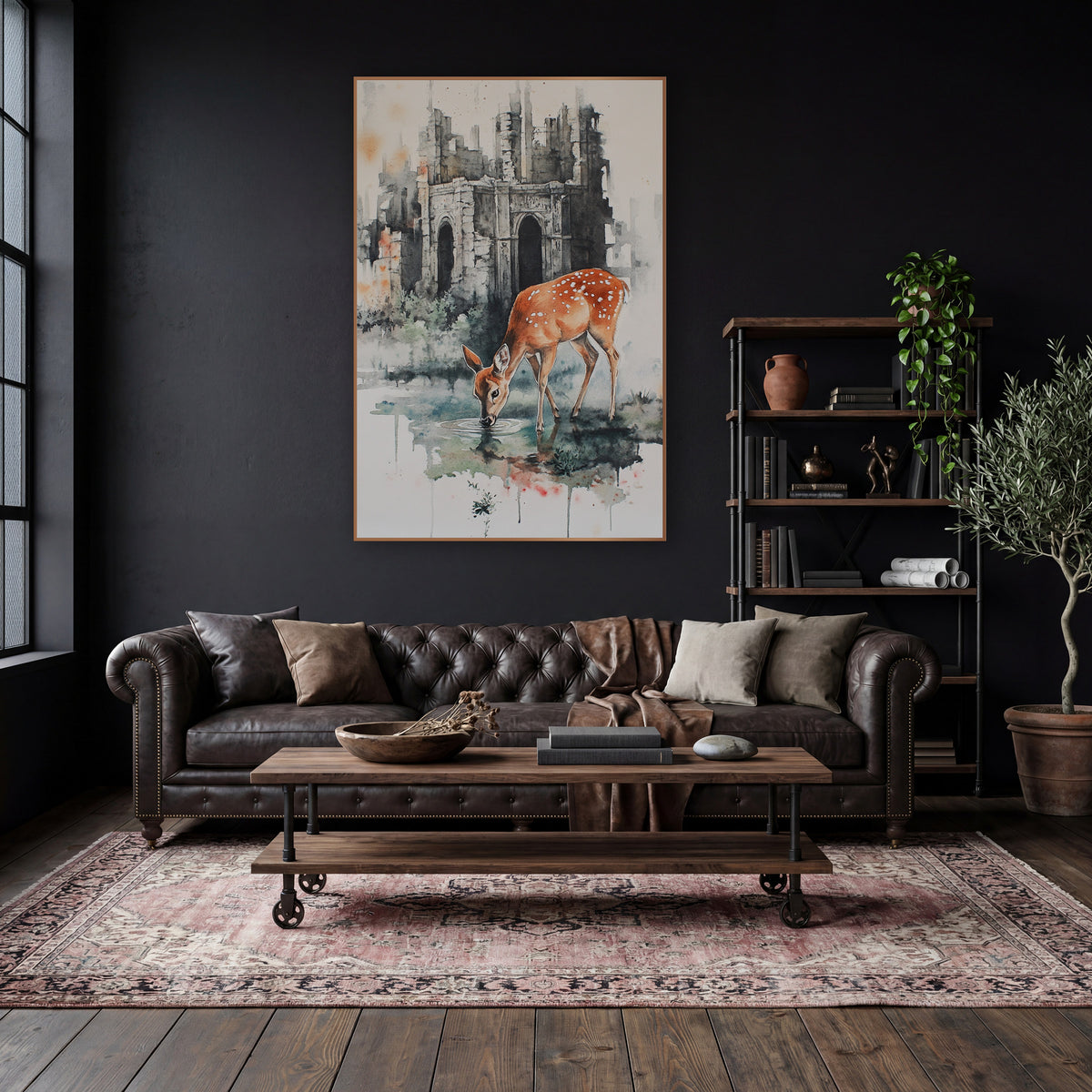 Doe Drinking Beside Ruins Moody wall art in a moody dark academia room – watercolor and ink style spotted deer
