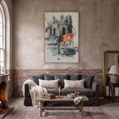Doe Drinking Beside Ruins Moody wall art in a moody dark academia room – watercolor and ink style spotted deer