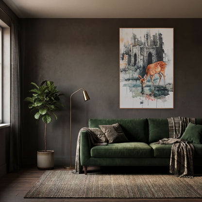 Doe Drinking Beside Ruins Moody wall art in a moody dark academia room – watercolor and ink style spotted deer