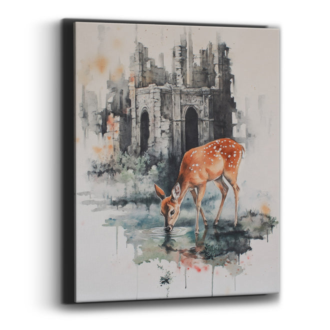 Doe Drinking Beside Ruins Moody Canvas Wall Art