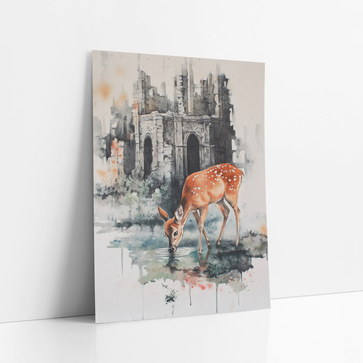 Doe Drinking Beside Ruins Moody art print leaning against a white wall – watercolor and ink style spotted deer drinking