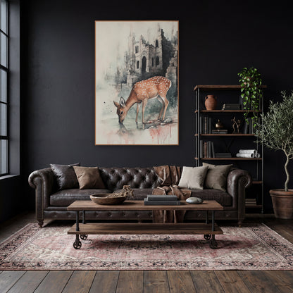 Fawn Wading Castle Shadows Classic wall art in a moody dark academia room – spotted deer drinking from a pool in front