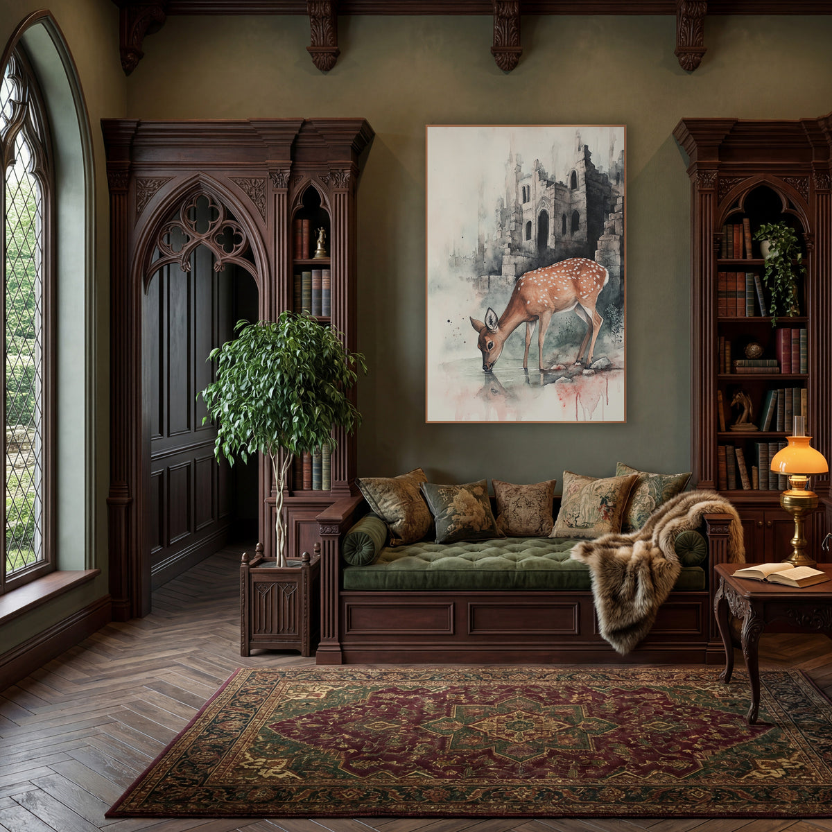 Fawn Wading Castle Shadows Classic wall art in a moody dark academia room – spotted deer drinking from a pool in front