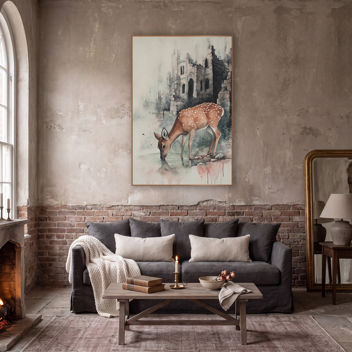 Fawn Wading Castle Shadows Classic wall art in a moody dark academia room – spotted deer drinking from a pool in front