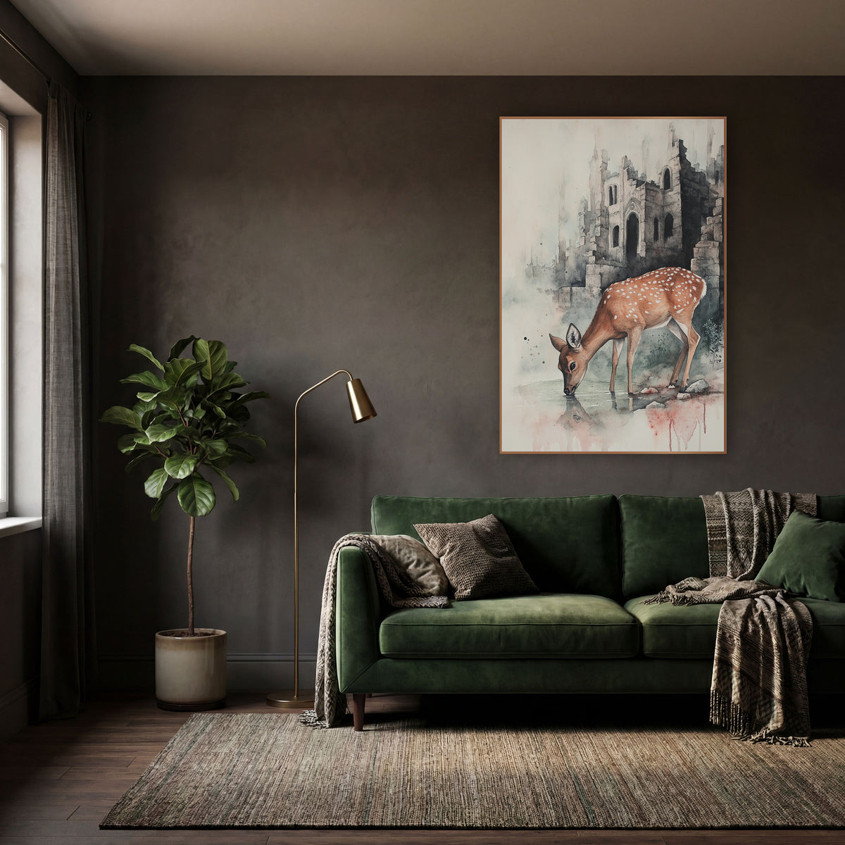 Fawn Wading Castle Shadows Classic wall art in a moody dark academia room – spotted deer drinking from a pool in front