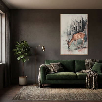 Fawn Wading Castle Shadows Classic wall art in a moody dark academia room – spotted deer drinking from a pool in front