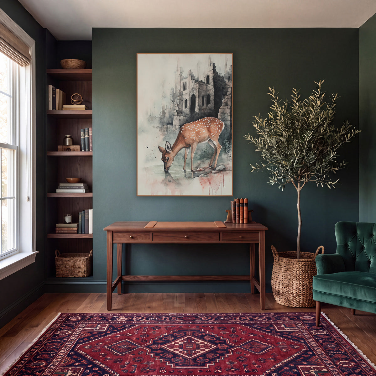 Fawn Wading Castle Shadows Classic wall art in a moody dark academia room – spotted deer drinking from a pool in front