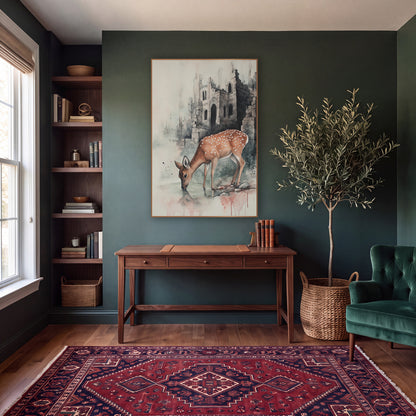 Fawn Wading Castle Shadows Classic wall art in a moody dark academia room – spotted deer drinking from a pool in front