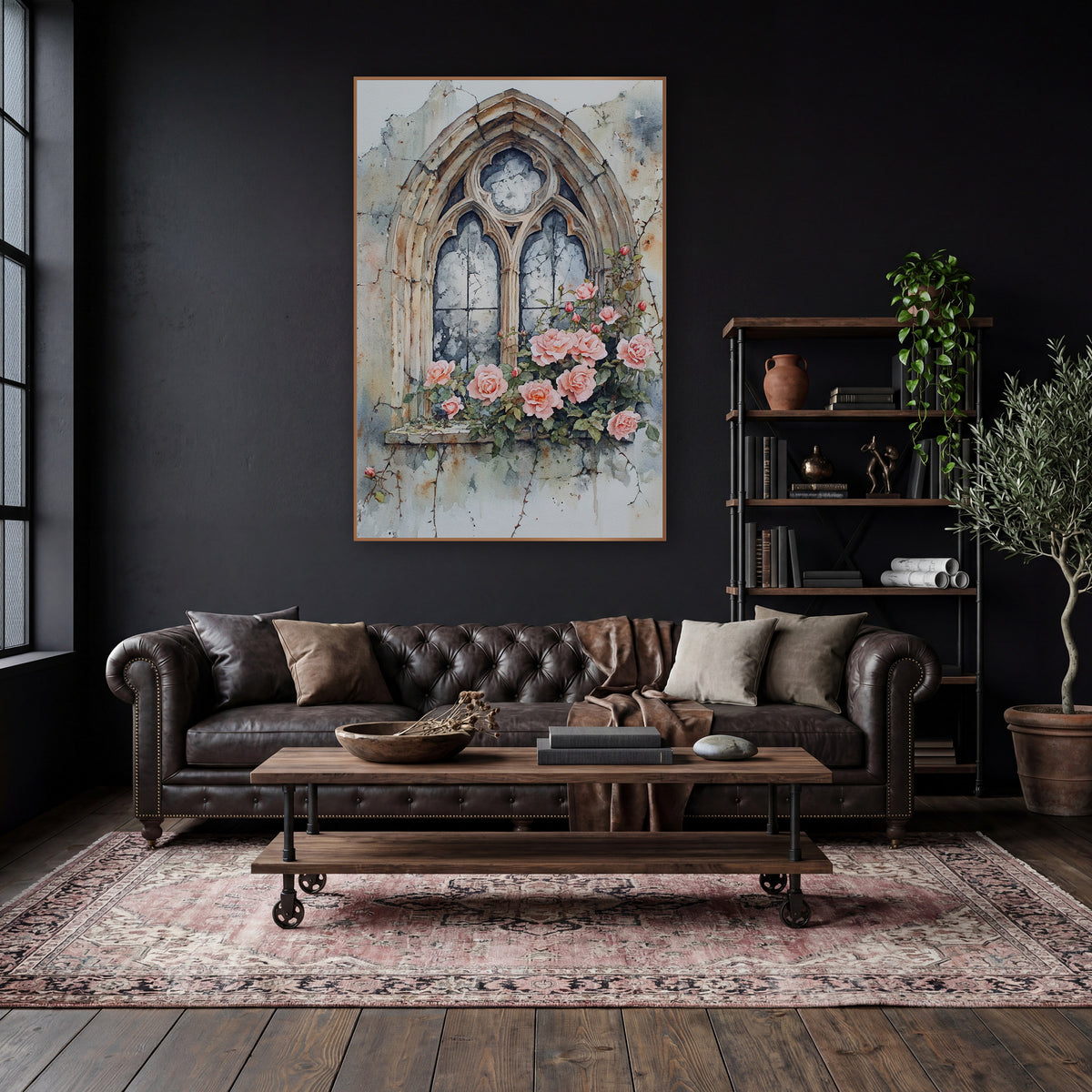 Crumbling Gothic Window Peach Roses Moody wall art in a moody dark academia room – gothic arched stone window