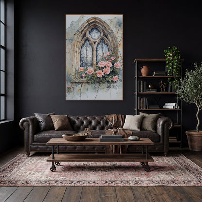 Crumbling Gothic Window Peach Roses Moody wall art in a moody dark academia room – gothic arched stone window