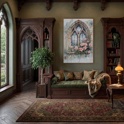 Crumbling Gothic Window Peach Roses Moody wall art in a moody dark academia room – gothic arched stone window