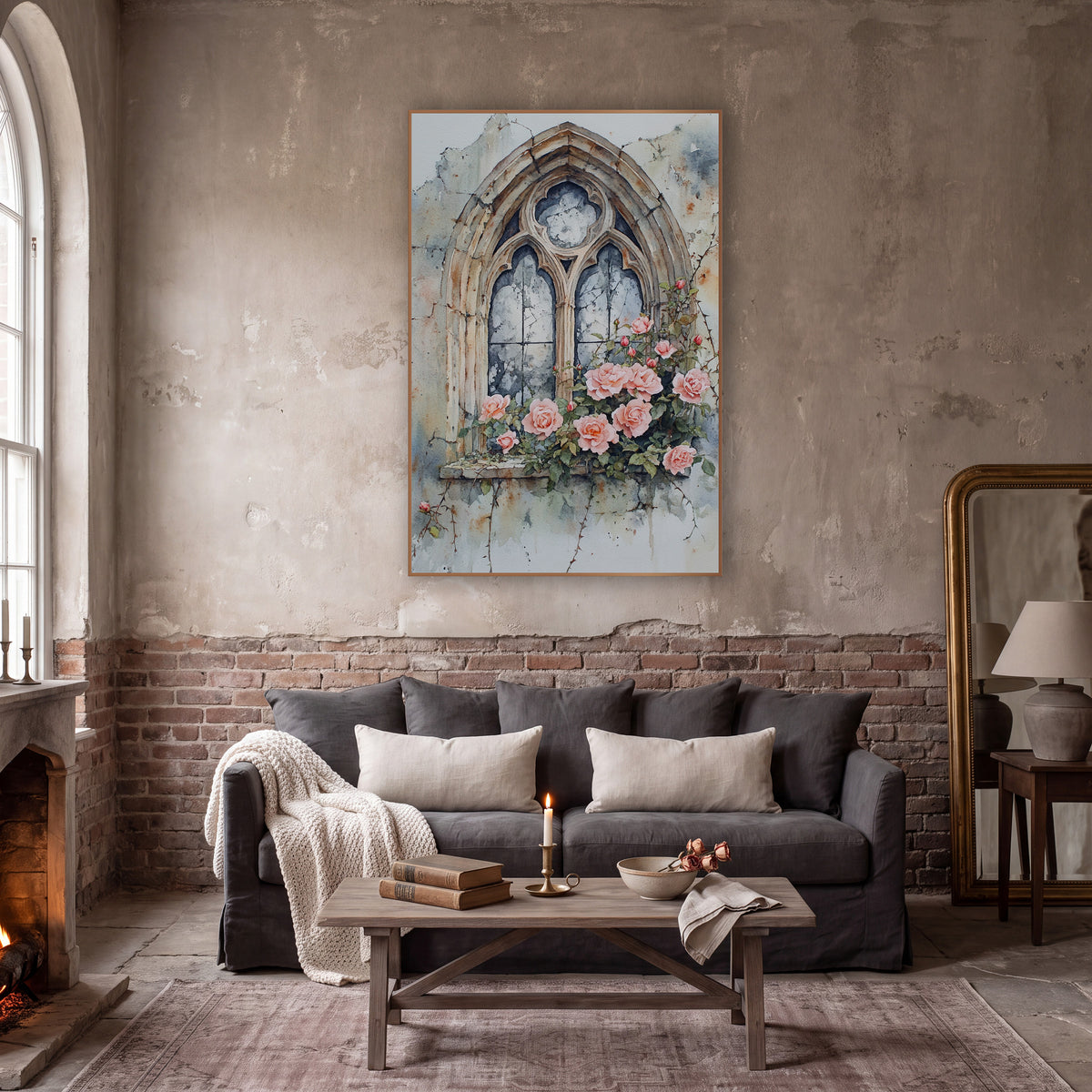 Crumbling Gothic Window Peach Roses Moody wall art in a moody dark academia room – gothic arched stone window