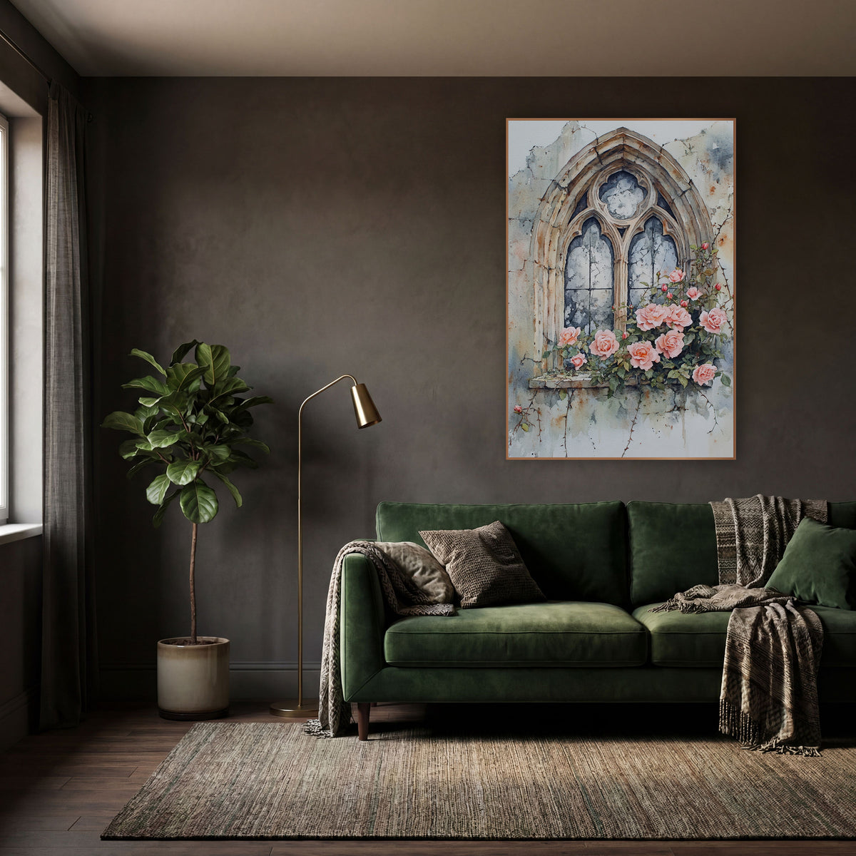 Crumbling Gothic Window Peach Roses Moody wall art in a moody dark academia room – gothic arched stone window