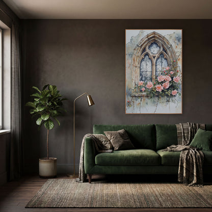 Crumbling Gothic Window Peach Roses Moody wall art in a moody dark academia room – gothic arched stone window