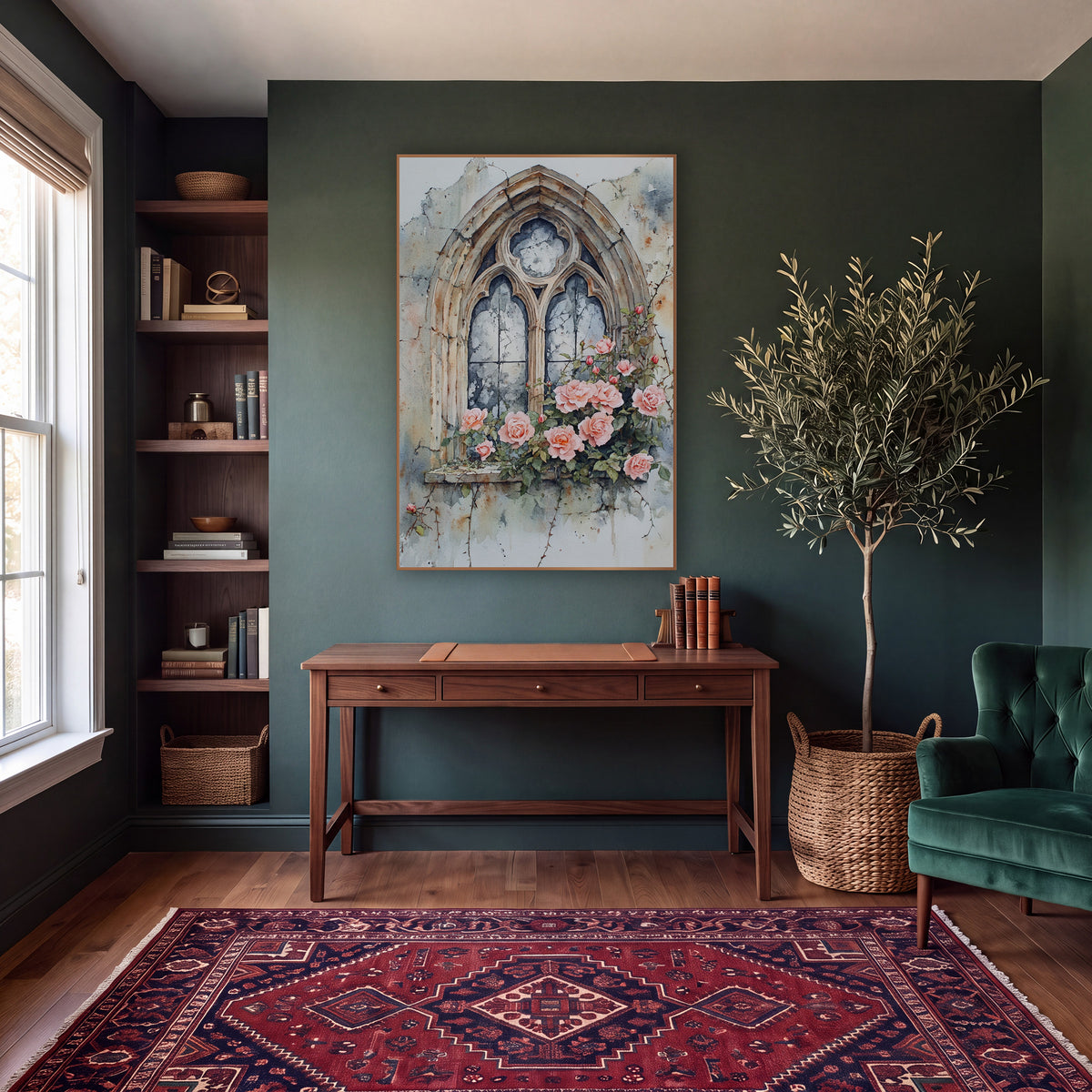 Crumbling Gothic Window Peach Roses Moody wall art in a moody dark academia room – gothic arched stone window