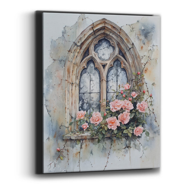 Crumbling Gothic Window Peach Roses Moody Canvas Wall Art
