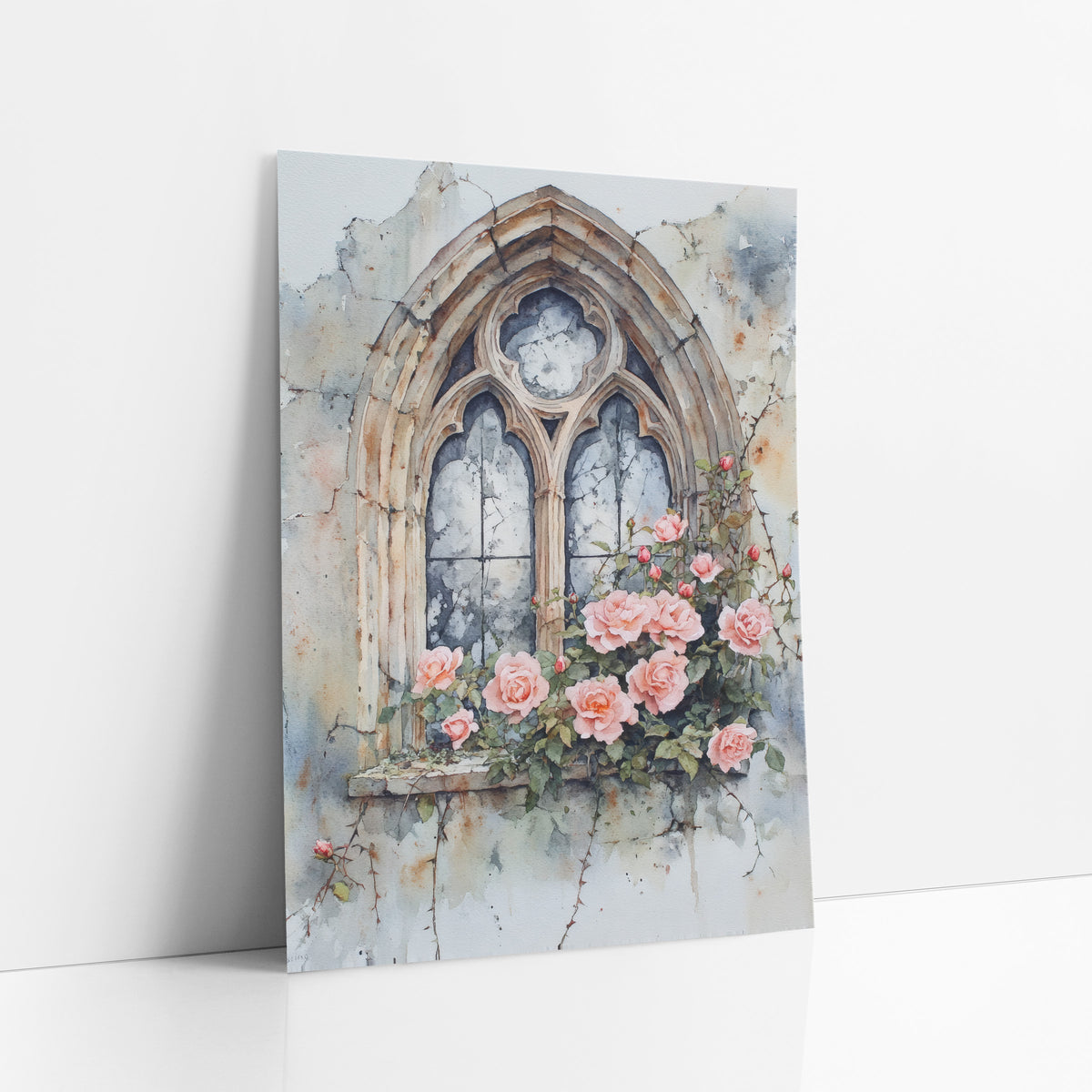 Crumbling Gothic Window Peach Roses Moody art print leaning against a white wall – gothic arched stone window with cracked