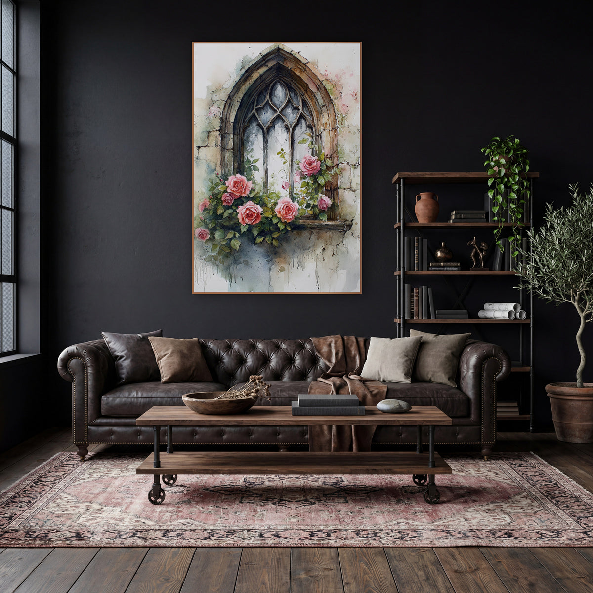 Gothic Window Pink Roses Romantic wall art in a moody dark academia room – gothic arched window with worn stone frame