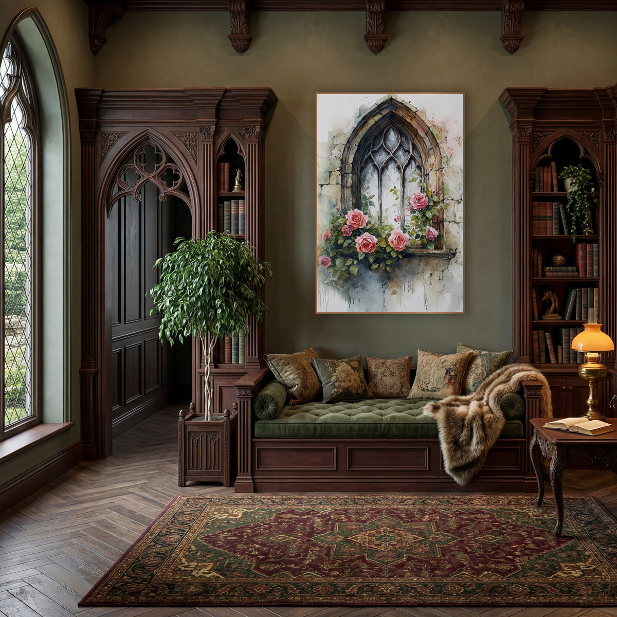 Gothic Window Pink Roses Romantic wall art in a moody dark academia room – gothic arched window with worn stone frame