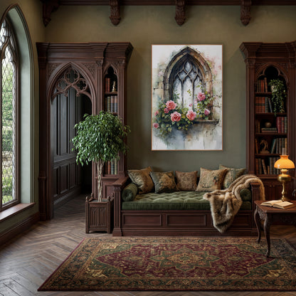 Gothic Window Pink Roses Romantic wall art in a moody dark academia room – gothic arched window with worn stone frame