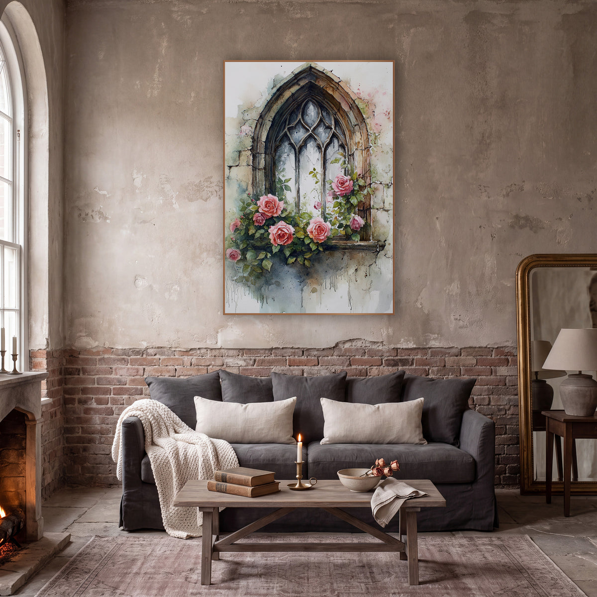Gothic Window Pink Roses Romantic wall art in a moody dark academia room – gothic arched window with worn stone frame