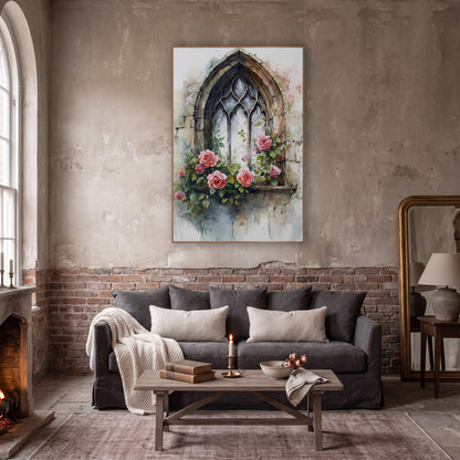 Gothic Window Pink Roses Romantic wall art in a moody dark academia room – gothic arched window with worn stone frame