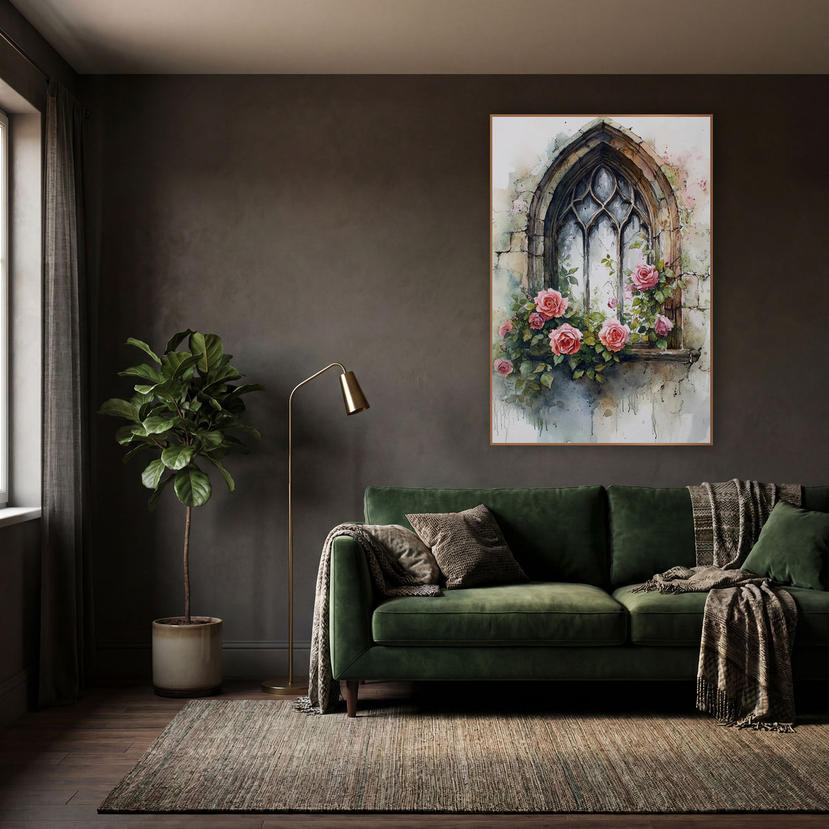 Gothic Window Pink Roses Romantic wall art in a moody dark academia room – gothic arched window with worn stone frame