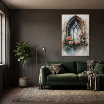 Gothic Window Pink Roses Romantic wall art in a moody dark academia room – gothic arched window with worn stone frame