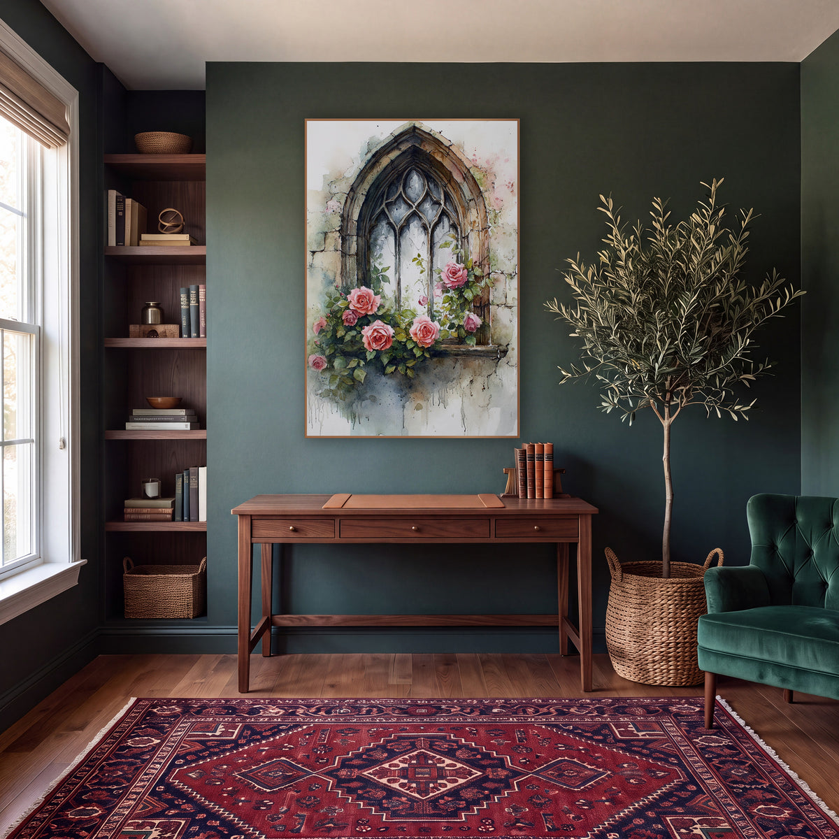 Gothic Window Pink Roses Romantic wall art in a moody dark academia room – gothic arched window with worn stone frame