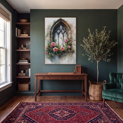 Gothic Window Pink Roses Romantic wall art in a moody dark academia room – gothic arched window with worn stone frame