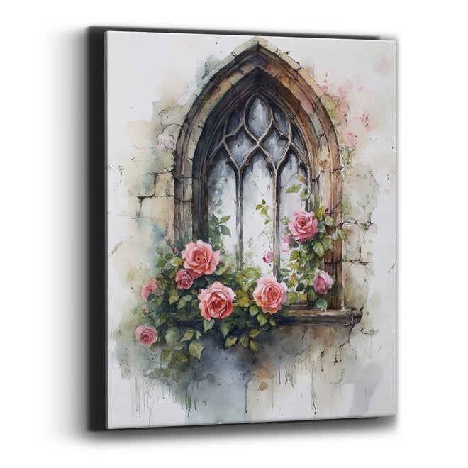 Gothic Window Pink Roses Romantic Canvas Wall Art