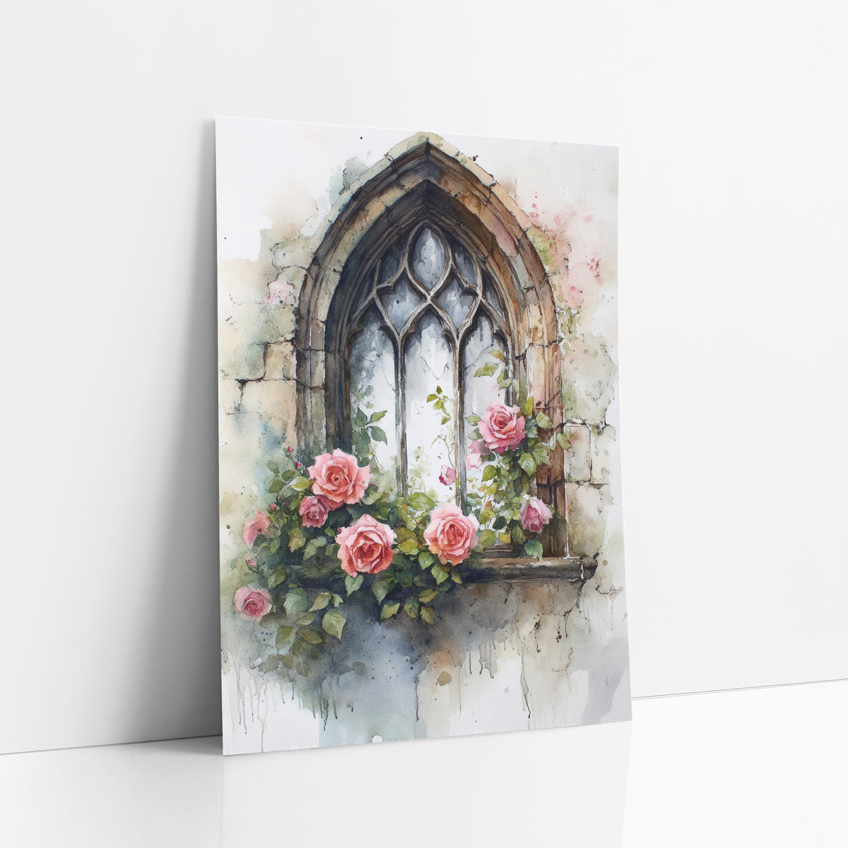 Gothic Window Pink Roses Romantic art print leaning against a white wall – gothic arched window with worn stone frame