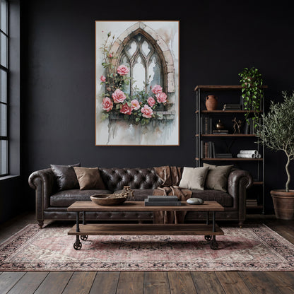 Ivory Tracery Window Pink Roses Romantic wall art in a moody dark academia room – watercolor-style pink roses and buds