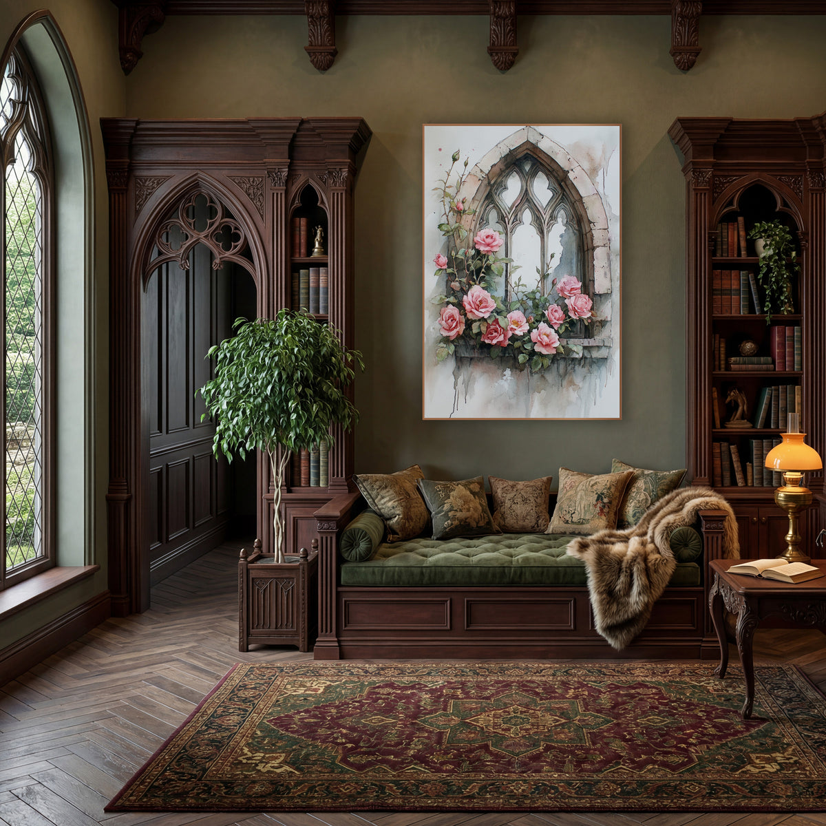 Ivory Tracery Window Pink Roses Romantic wall art in a moody dark academia room – watercolor-style pink roses and buds