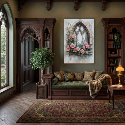 Ivory Tracery Window Pink Roses Romantic wall art in a moody dark academia room – watercolor-style pink roses and buds