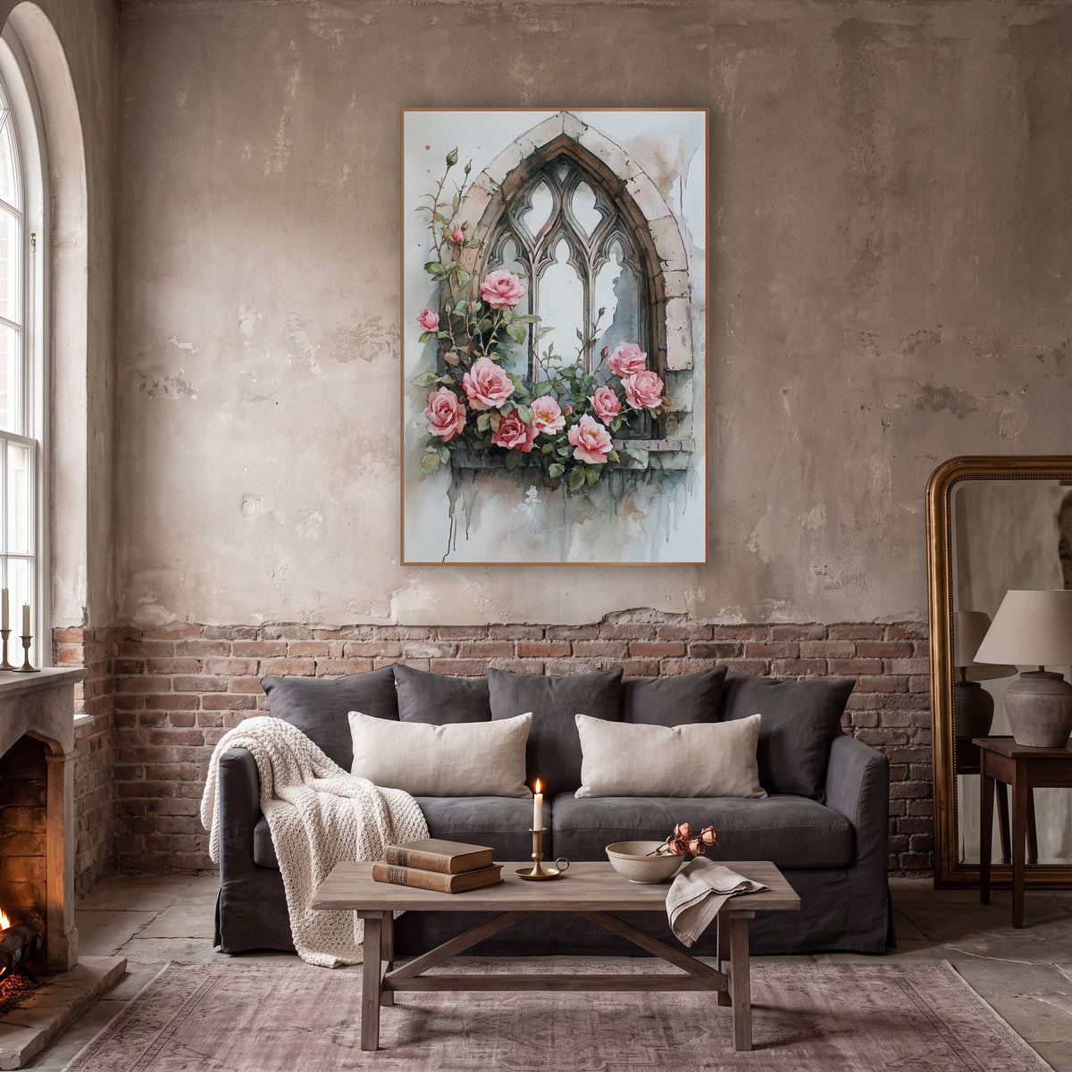 Ivory Tracery Window Pink Roses Romantic wall art in a moody dark academia room – watercolor-style pink roses and buds
