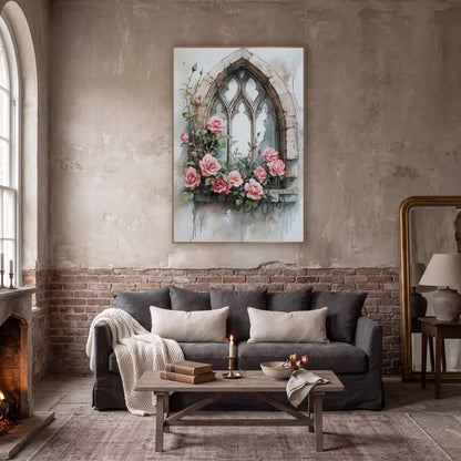 Ivory Tracery Window Pink Roses Romantic wall art in a moody dark academia room – watercolor-style pink roses and buds