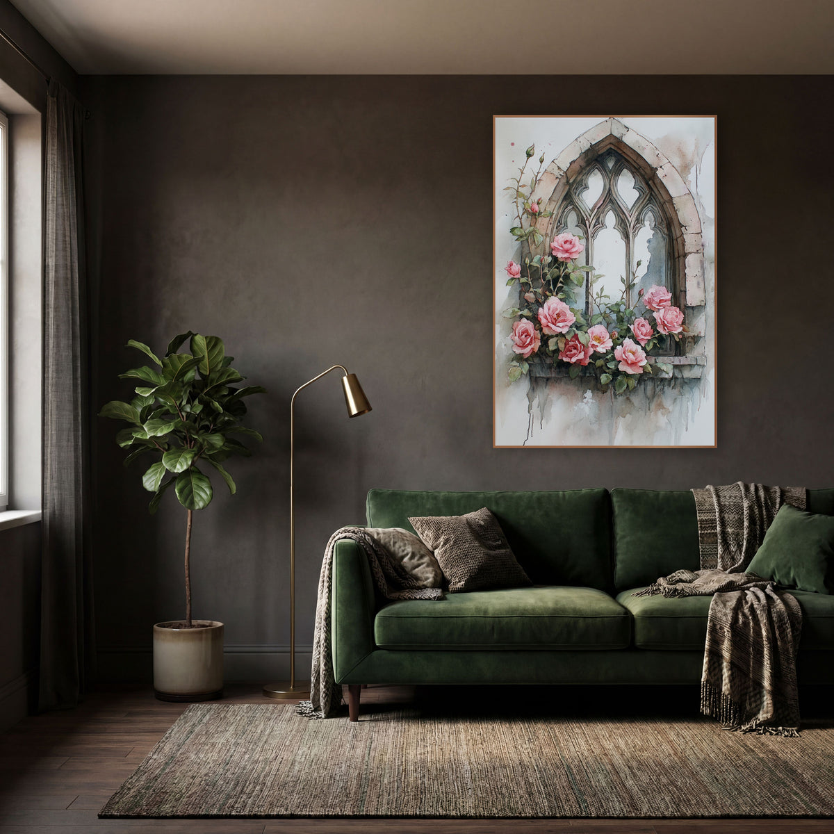 Ivory Tracery Window Pink Roses Romantic wall art in a moody dark academia room – watercolor-style pink roses and buds