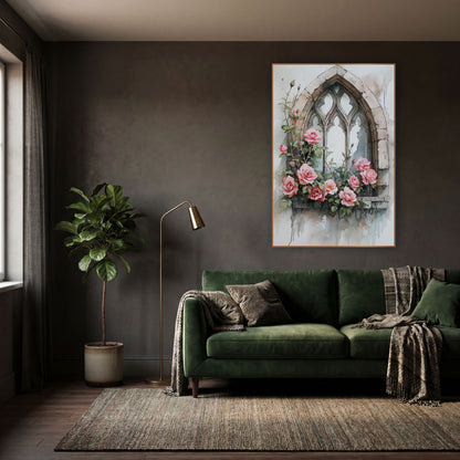 Ivory Tracery Window Pink Roses Romantic wall art in a moody dark academia room – watercolor-style pink roses and buds