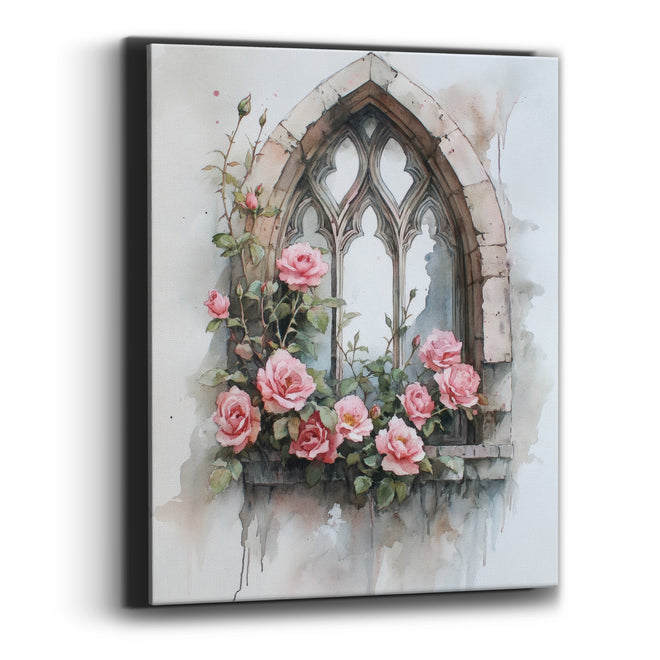 Ivory Tracery Window Pink Roses Romantic Canvas Wall Art