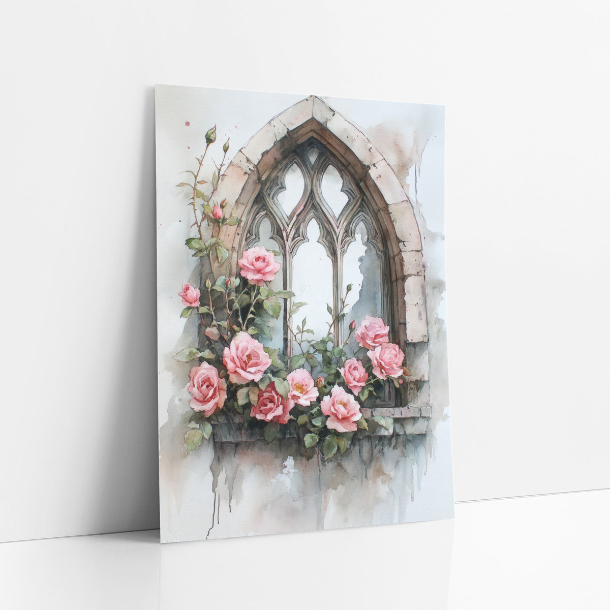 Ivory Tracery Window Pink Roses Romantic art print leaning against a white wall – watercolor-style pink roses and buds