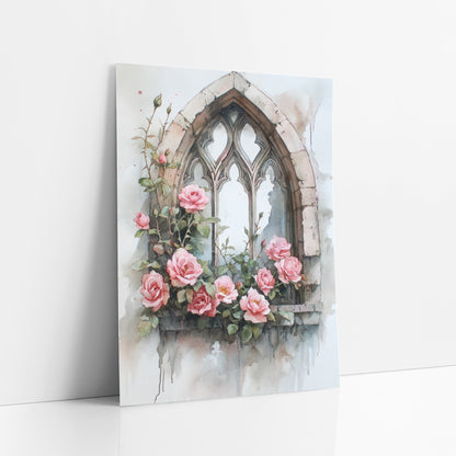 Ivory Tracery Window Pink Roses Romantic art print leaning against a white wall – watercolor-style pink roses and buds
