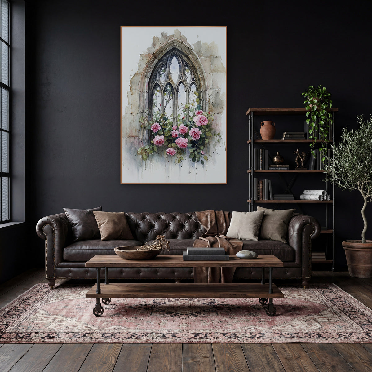 Pink Roses Gothic Arched Window wall art in a moody dark academia room – watercolor-style gothic stone arch window